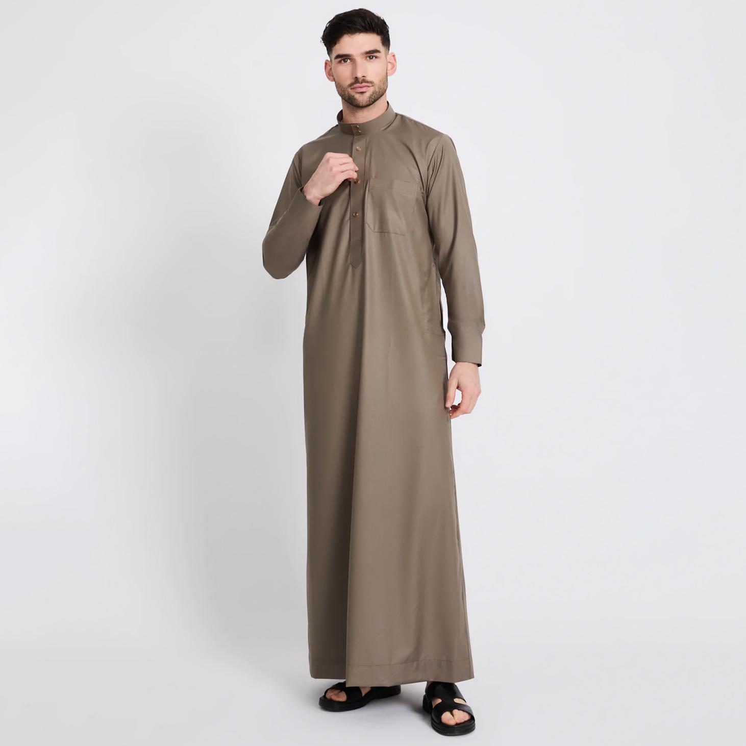 

Мужской халат из полиэстера с воротником-стойкой и карманом - арабский стиль на Ближнем Востоке, Катар 62 темные хаки