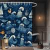 Ocean Waves & Marine Life Shower Curtain – Nautical Theme With Sailboats, Lighthouse Fish, Deep Blue Art Design, Includes Hooks