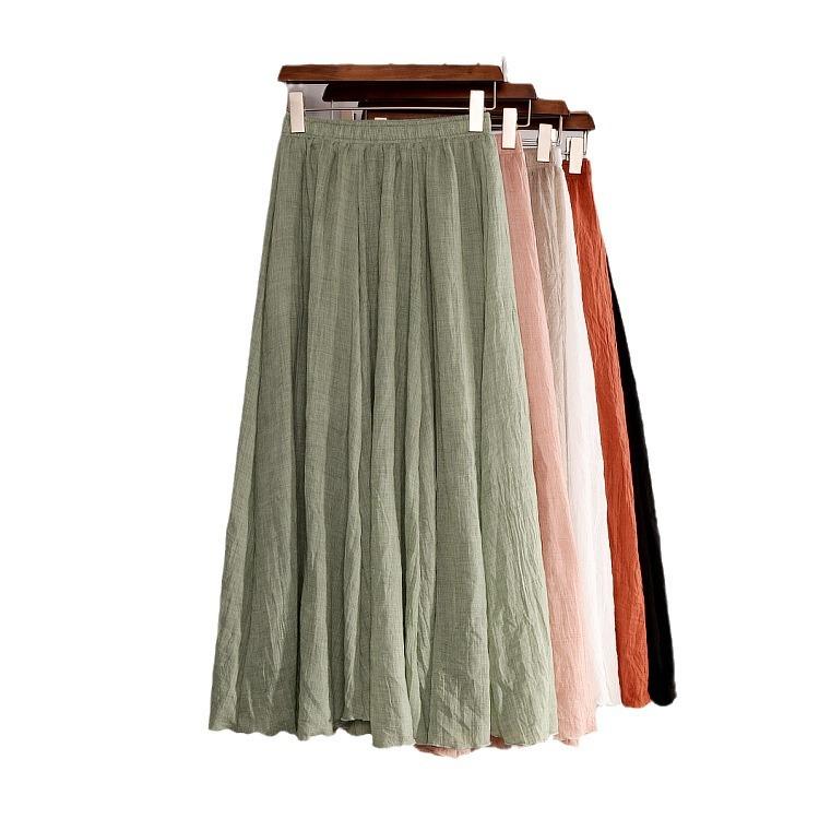 Women's Elegant High Waist Elastic Waist Linen Pleated Long Skirts Ladies Slim Casual Skirt Saias Summer