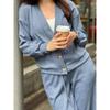 Women's O Neck Long Sleeve Loose Fit Button Front Cardigan Two Piece Outfit Drawstring Waist Straight Pants Autumn Casual Loungewear Pant Set