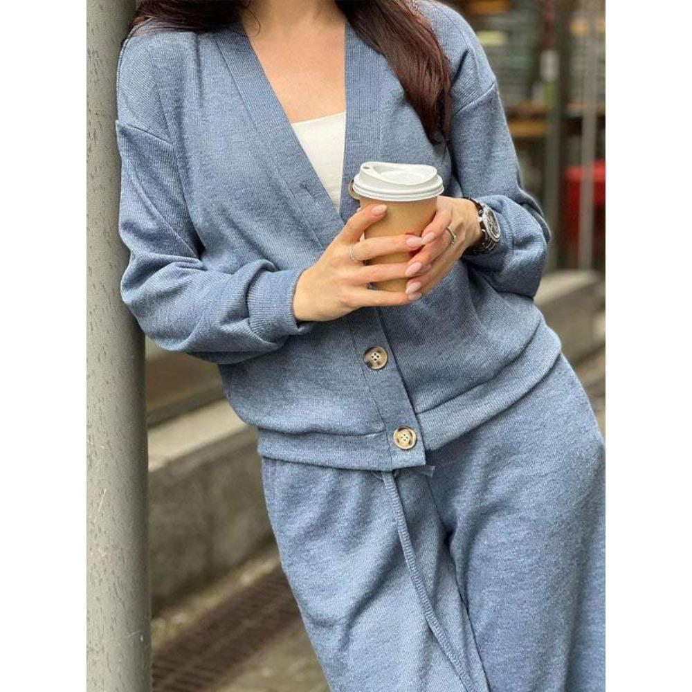 Women's O Neck Long Sleeve Loose Fit Button Front Cardigan Two Piece Outfit Drawstring Waist Straight Pants Autumn Casual Loungewear Pant Set