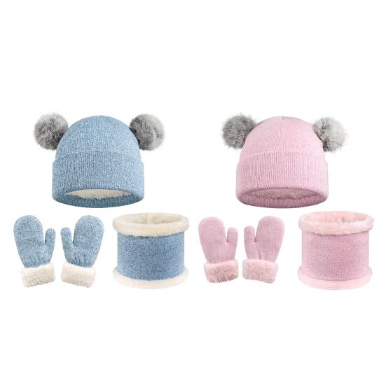 Kids Winter Hats Gloves Scarfs Set for Girls Boys Thickened Fleece Lined Knit Pompom Hat Mittens Neck Warmer Gaiter Set for 3-6 Years Toddlers