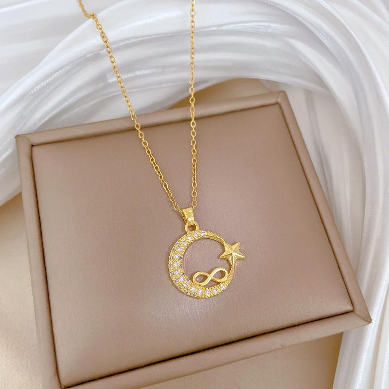 Star Moon Full Diamond Light Luxury Temperament Gorgeous Full Diamond Necklace Female Versatile Collarbone Chain Titanium Steel Chain