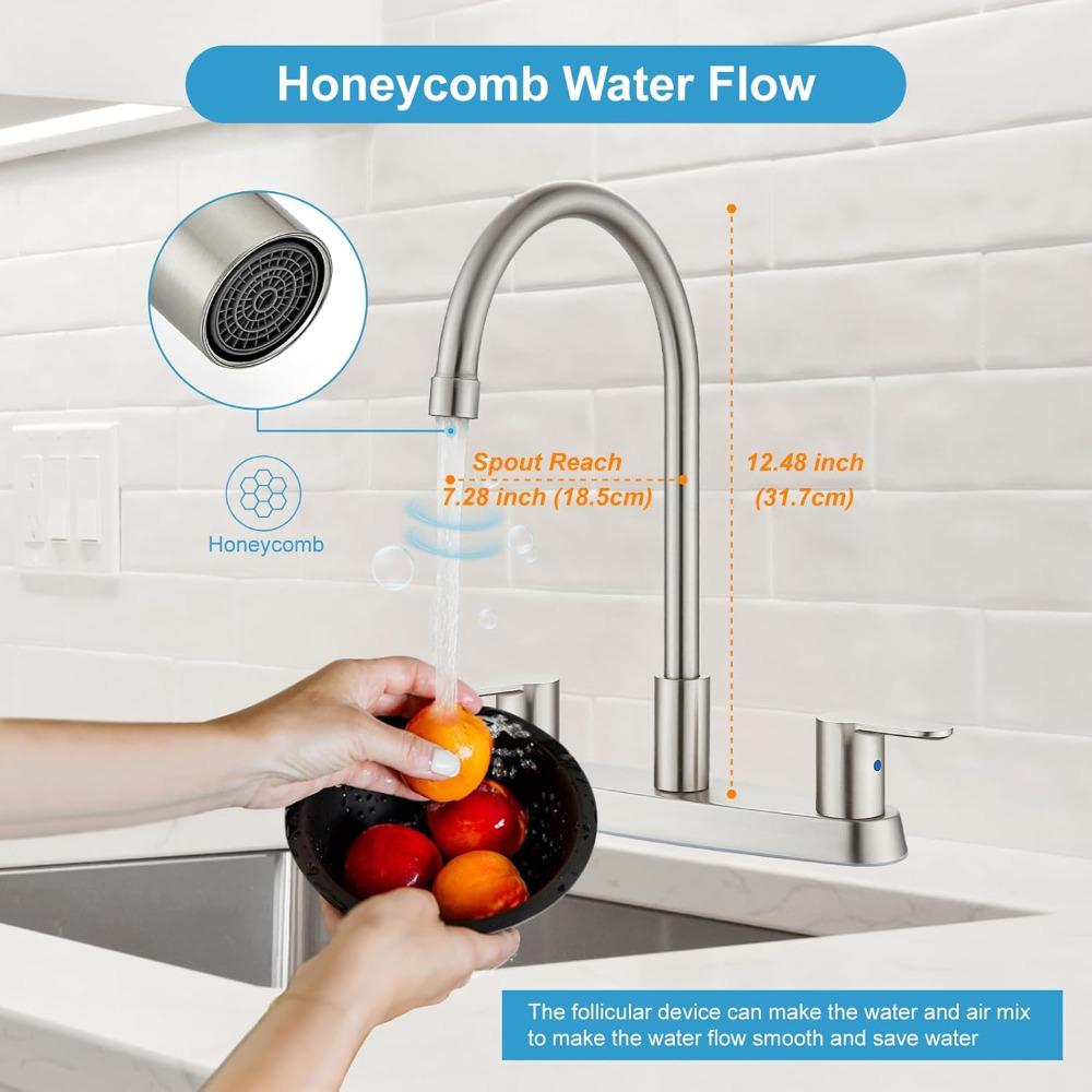 8 Inch Centerset Kitchen Faucet for Sink 3 Hole Dual Handle Kitchen Sink Faucets High Arc 360 Degree Rotating Spout with Supply