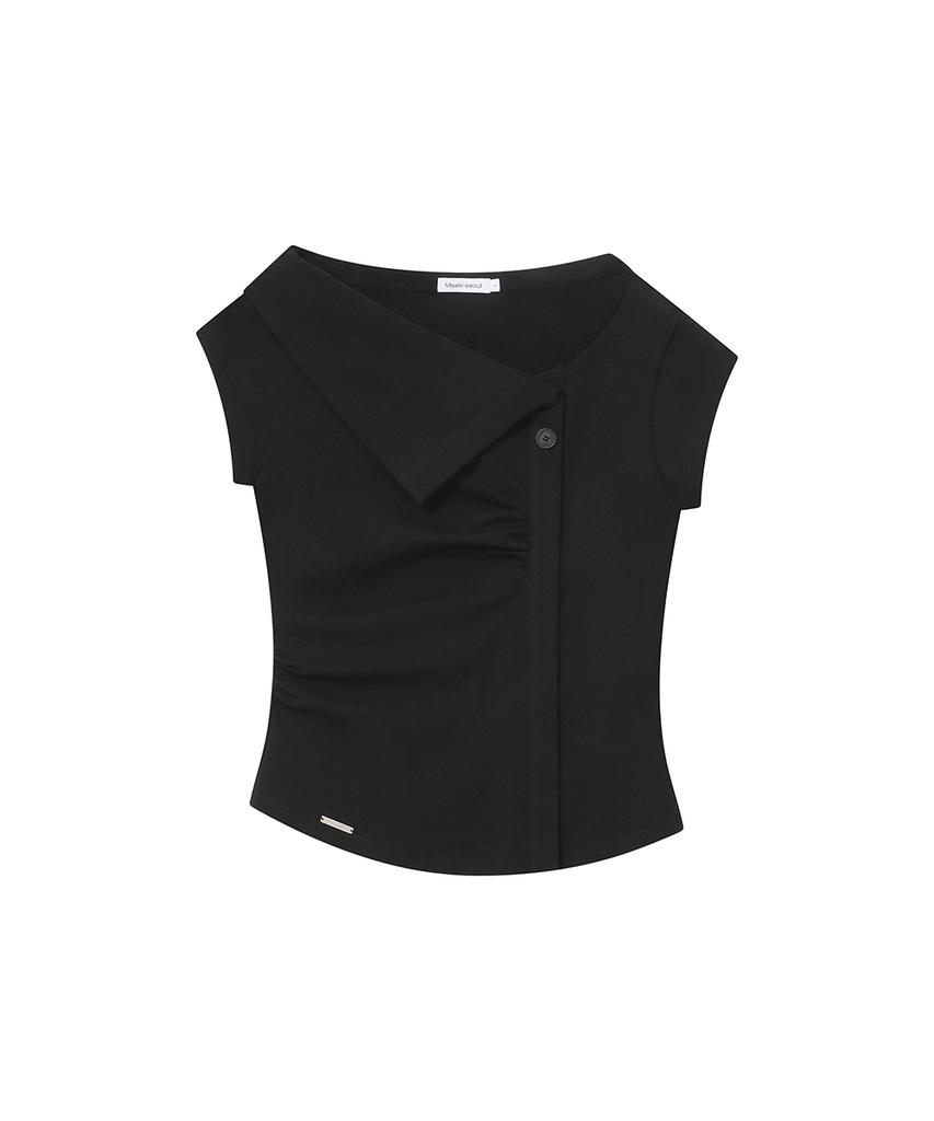 MISEKI SEOUL Folding Collar Shirring Top Black