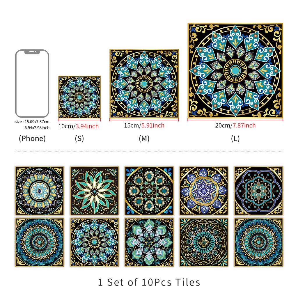 10 Pieces Of Mandala Flower Brick Self-Adhesive Wall Sticker Waterproof Oil-Proof Kitchen Living Room Wall Decoration European Crystal Tile Sticker