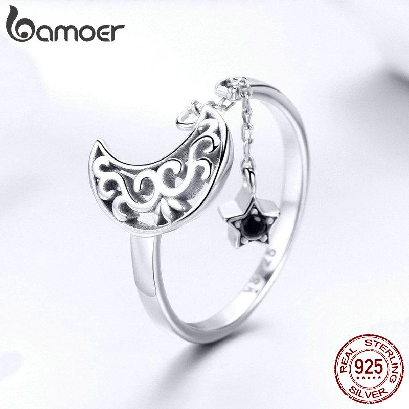 BAMOER Genuine 925 Sterling Silver Moon And Star Long Chain Star Adjustable Finger Ring