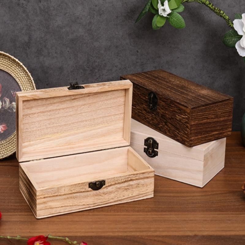 Retro Drewniane Pudełko do Przechowywania Biżuterii Vintage Drewniane Pudełko z Zamkiem Prostokątny Organizer na Biurko na Naszyjnik Bransoletkę Pierścionek Ozdoby