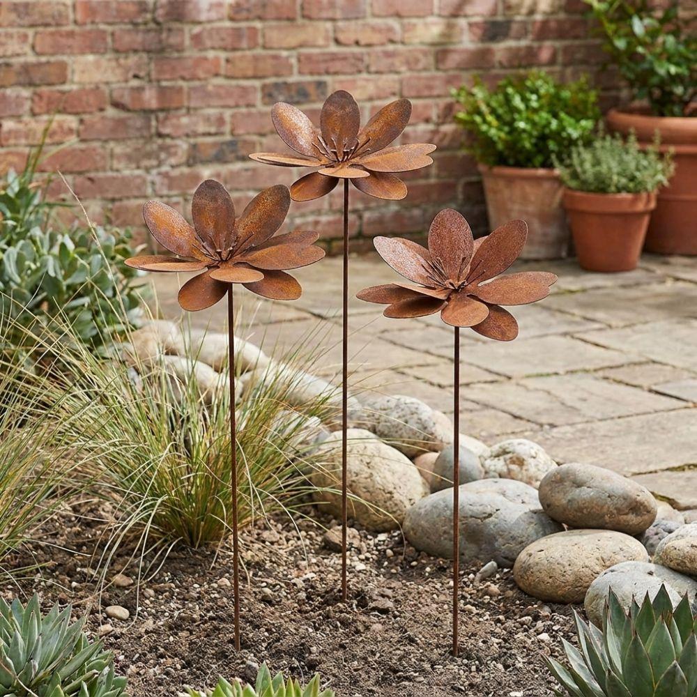 Weathered Rust Finish Flower Garden Stake Cast Iron Rustic Plant Stakes  Patio