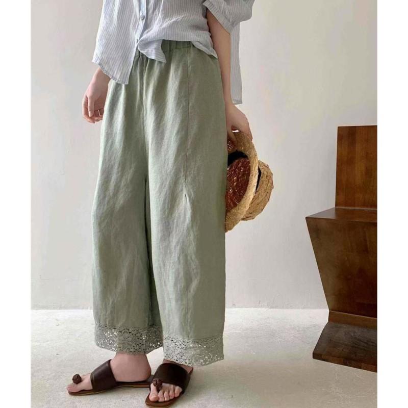 Johnature Japońskie Spodnie Patchworkowe z Koronki Vintage Kobiety Casual Proste Luźne Spodnie Lato