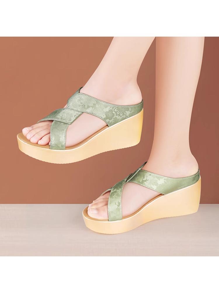 6cm Small Size 33-43 Elegant Comfortable Embroider Soft Leather Slippers Platform Wedges Shoes 2025 Med Heels Slides Office Mom