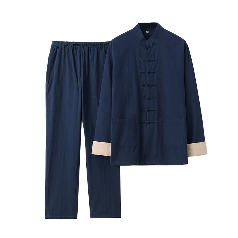 Men's Retro Embroidered Tang Suit Set - Cotton & Linen Long Sleeves for Spring/Autumn Zen Meditation