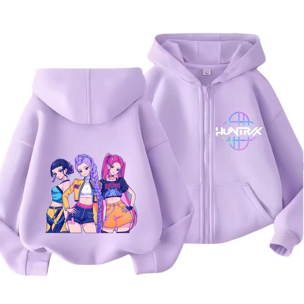Moletom com Capuz e Zíper Kpop Caçadores de Demônios Infantil Huntrix Rumi Zoey Desenho Animado Moda Moletom com Zíper Menino Menina Tops Casuais Roupas Infantis Presente