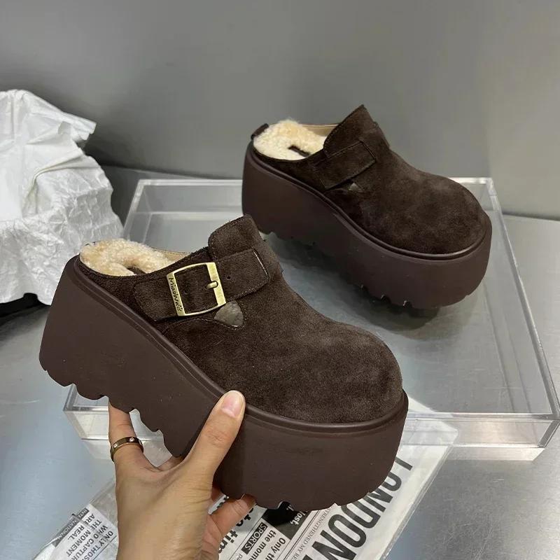 

Платформа Высокий каблук Тапочки Женские замшевые туфли-мюли Женские 2025 Тренд Зима Новые Теплые Повседневные Модные Снежные Ботинки Mujer Zapatos 40 кофейный