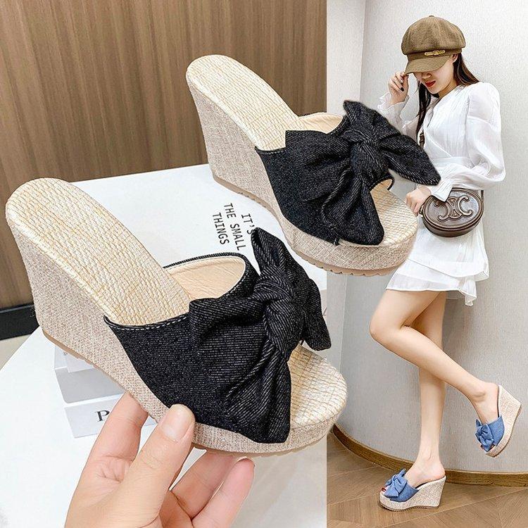Ciabatte da donna con zeppa platform, sandali casual, infradito alla moda, scarpe da festa per club, design con fiocco, estate
