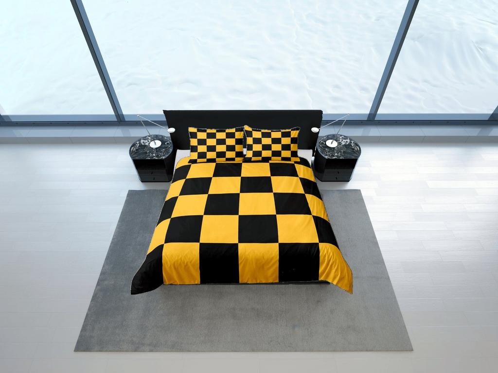 Set Copripiumino a Quadri Audaci, Elegante Copriletto, Set Biancheria da Letto Giallo e Nero, Copripiumino Geometrico, Set Camera da Letto Moderno, Copripiumino Dona