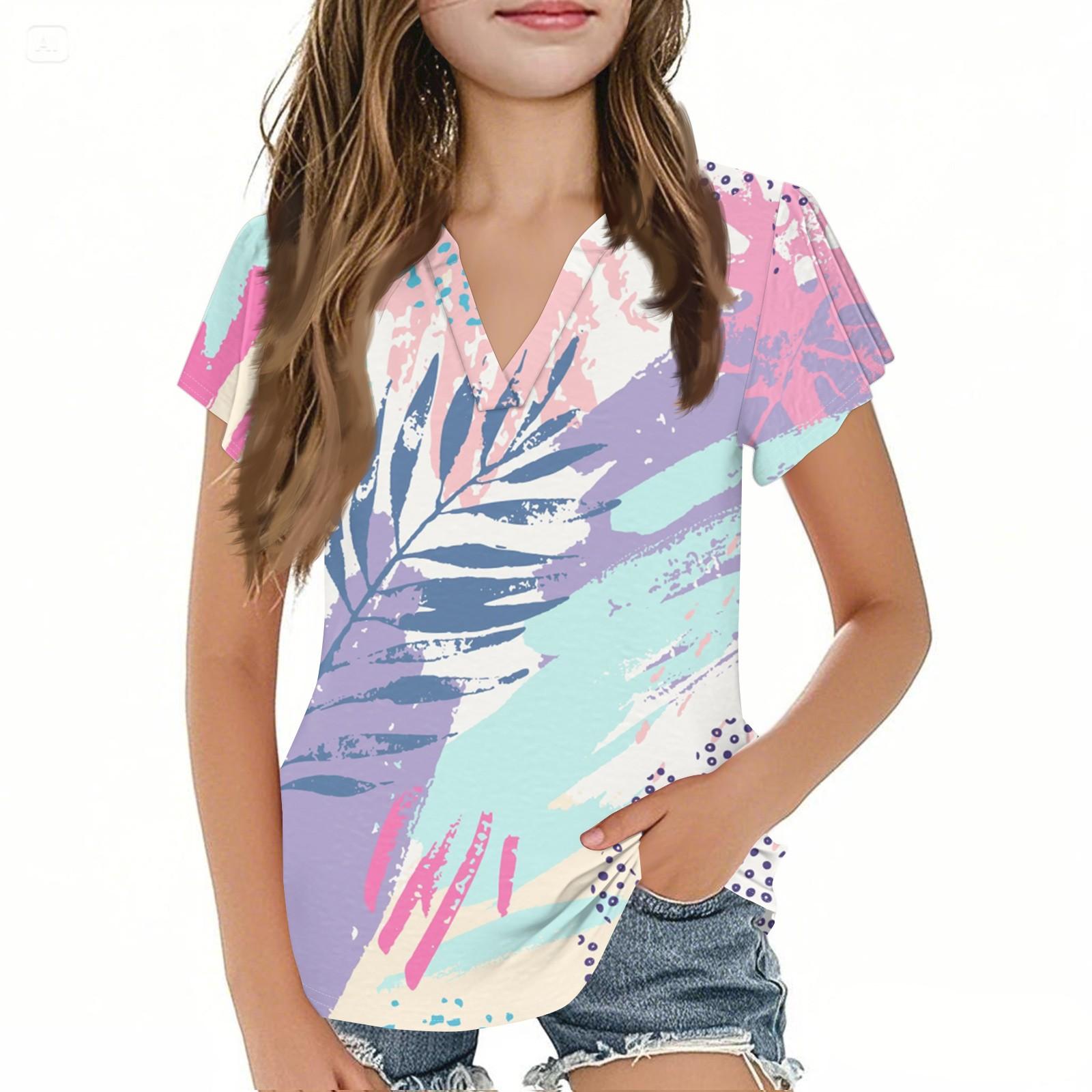 

Летний детский повседневный модный гавайский топ для девочек с короткими рукавами и V-образным вырезом 160