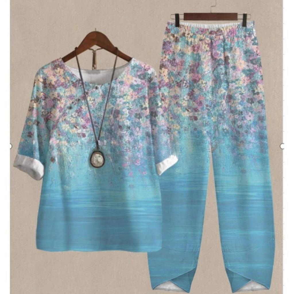 Women's Loose Fit Floral Printed Two Piece Outfit Half Sleeve T-Shirt Elastic Waist Pantsuit