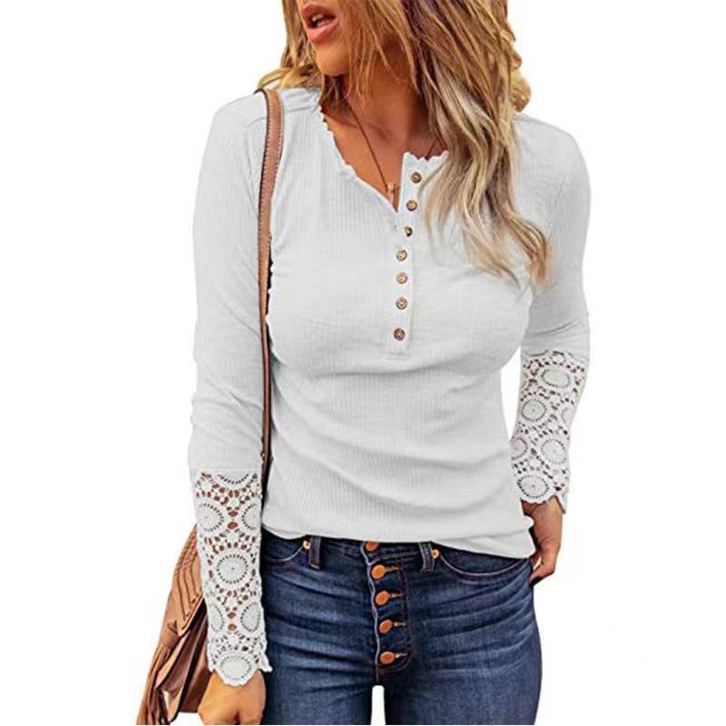 Women's Fashion Patchwork Lace Loose Solid Long Sleeve T-shirt