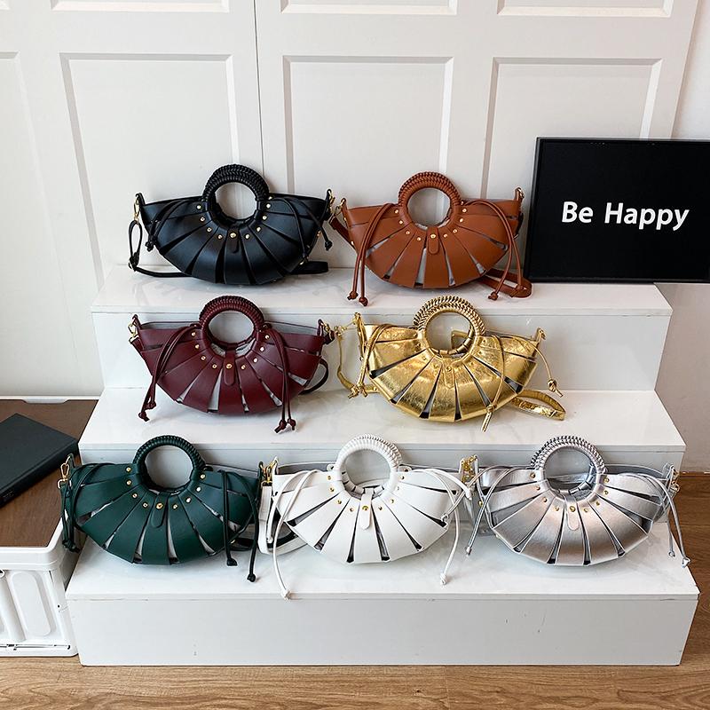 2026 New Brand Handbag Trendy Half Moon Bag Gold Silver Evening Clutch Bag Large Tote Bag Female Hollow Out Beach Shoulder Bag