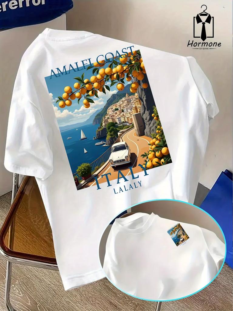 T-shirt Unisex Estiva Stile Viaggio Italiano Fantasia Costiera Amalfitana Vestibilità Larga Adatta per l'Uso Quotidiano Casual Materiale 100% Cotone Versatile