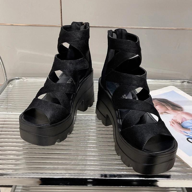Fashion 2025 New Summer Women Square Heel Sandals Round Head Hollow-out Suede Back Zipper Waterproof Platform Non-slip High Heels Shoes