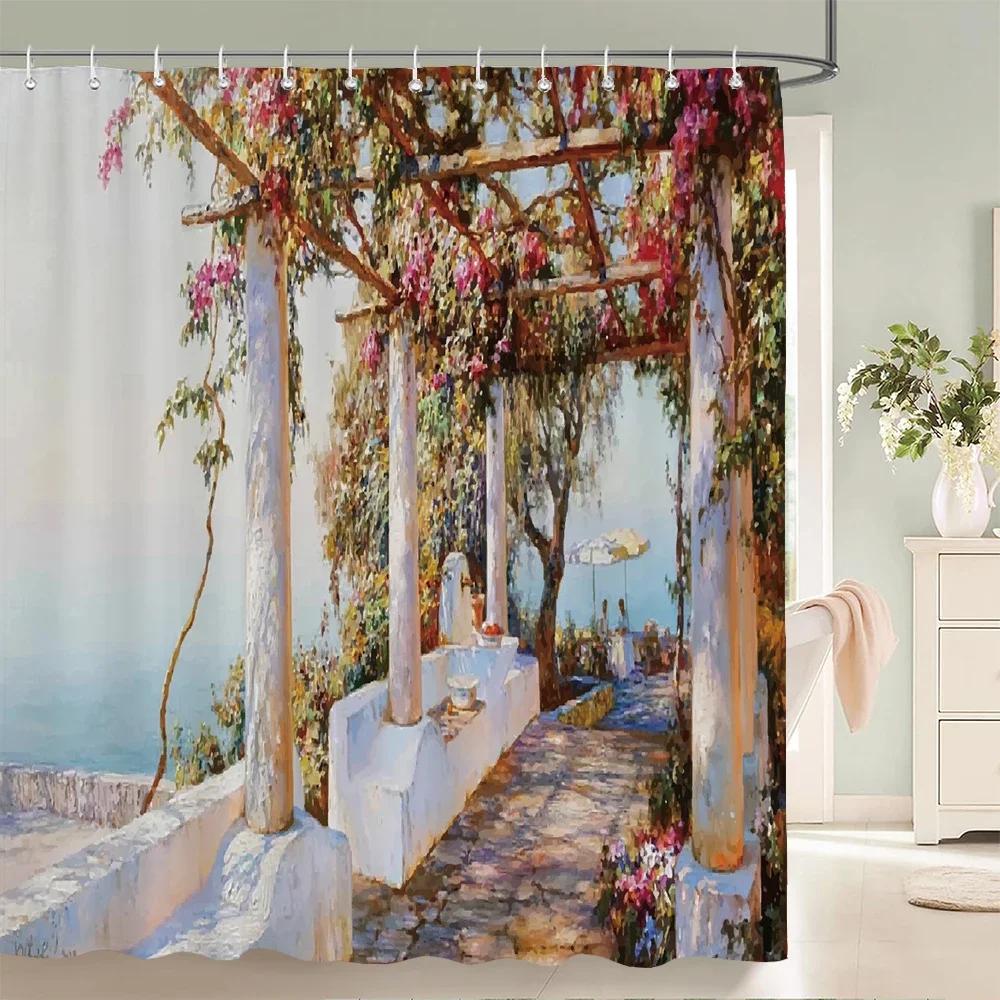 3D European Town Rural Forest Landscape Printing Bathroom Waterproof Shower Curtain Polyester Curtain Home Decoration Curtains