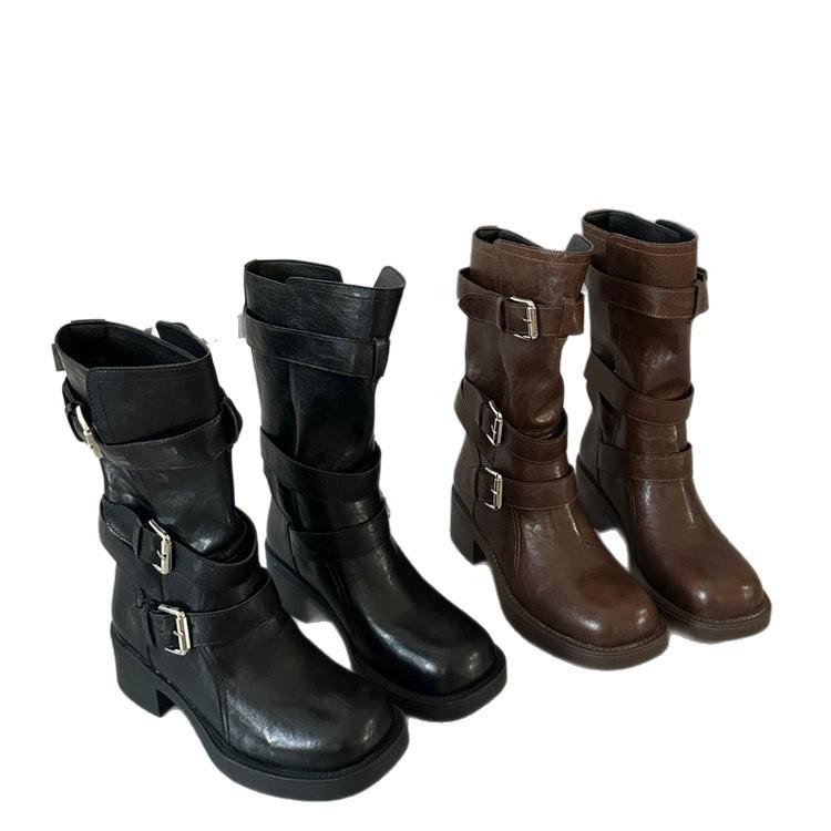 4/6Cm heightening thick-soled trouser boots women's autumn knight boots children's long boots thick heel buckle belt medium tube stacking boots