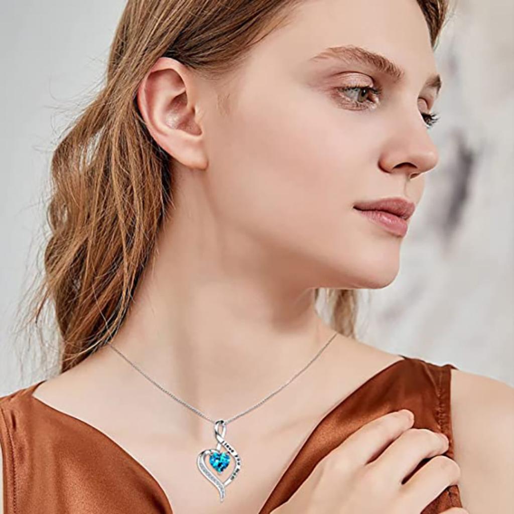 I Love You Mom Engraved Heart Pendant Necklace with Blue Center Stone and Sparkling Accent Sentimental Mother Jewelry for Women