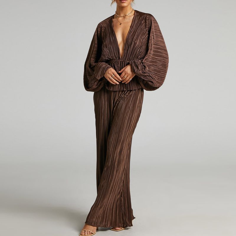 

Женский супер-слимминг, осень-зима, новинка, высокая эластичность, плиссированная талия, глубокий V-образный вырез, сексуальный повседневный свободный костюм-двойка Dark brown L