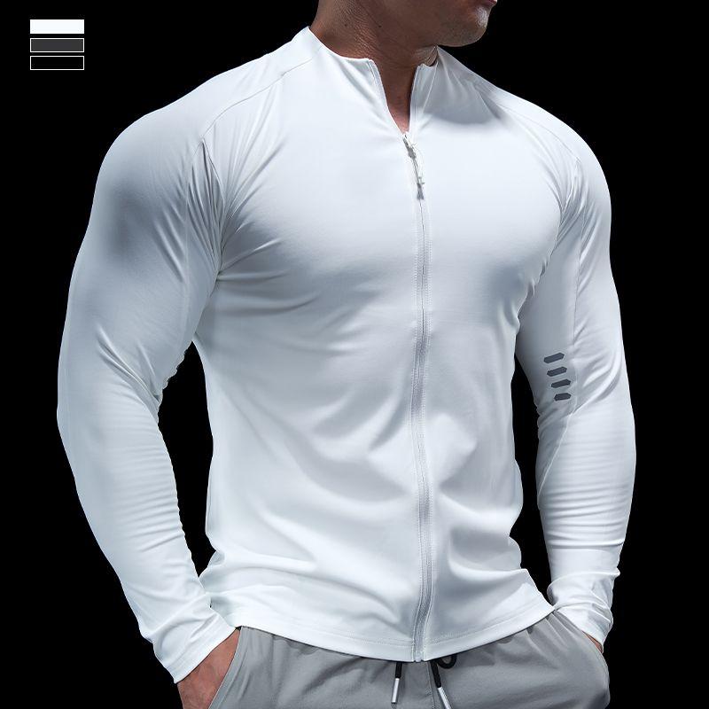 

Men s Compression Full Zip Long Sleeve Sports Shirt Slim Fit Gym Workout Top S белый