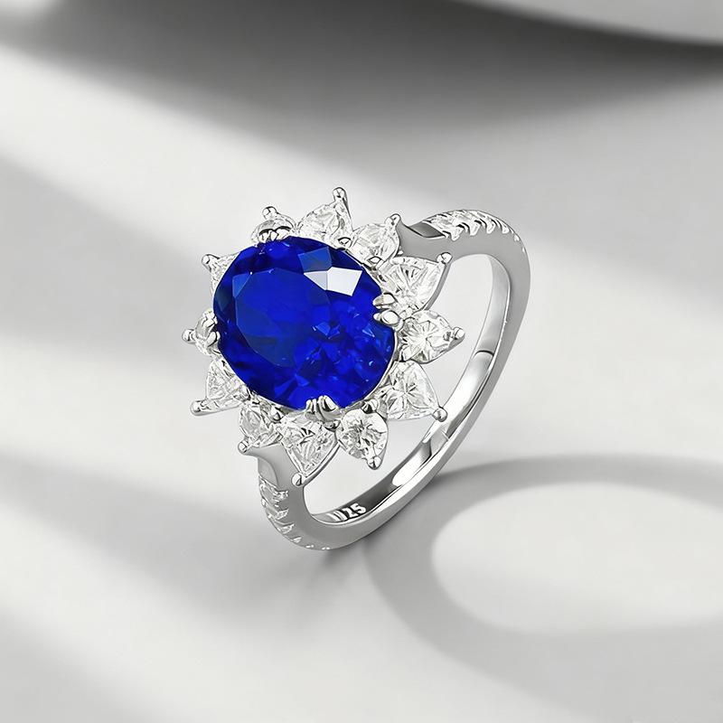 2025 S925 Silver Blue Flower Oval Ring - European & American Style
