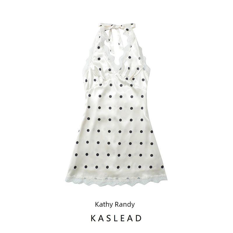 Kaslead New Arrival Women's Clothing Fashion Style Fashion Polka Dot Lace Lace Satin Sling Dress