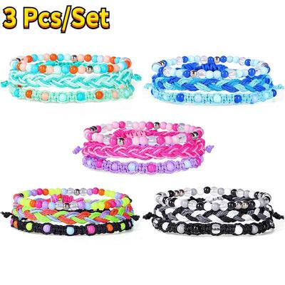 3 Pcs/Set Bohemian Braided Stretch Friendship Bracelets Stackable Bead Woven String Bracelets Adjustable Wave Rope Bracelets MYY