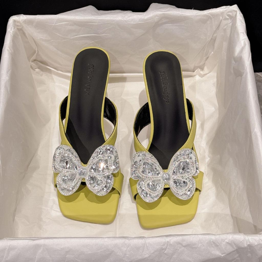 Summer New Butterfly Rhinestone Temperament Versatile Square Head Thick Heel Low Heel One-word Drag