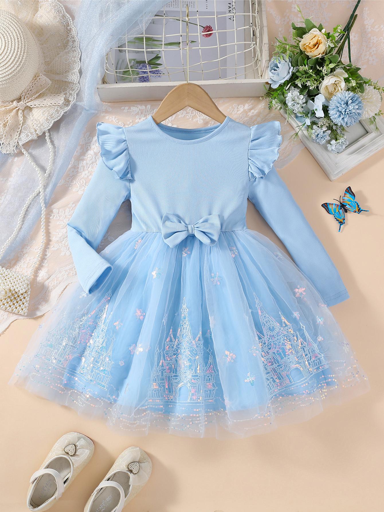 Girls Blue Castle Print Tulle Dress Kids Ruffle Long Sleeve Princess Dress 4Y