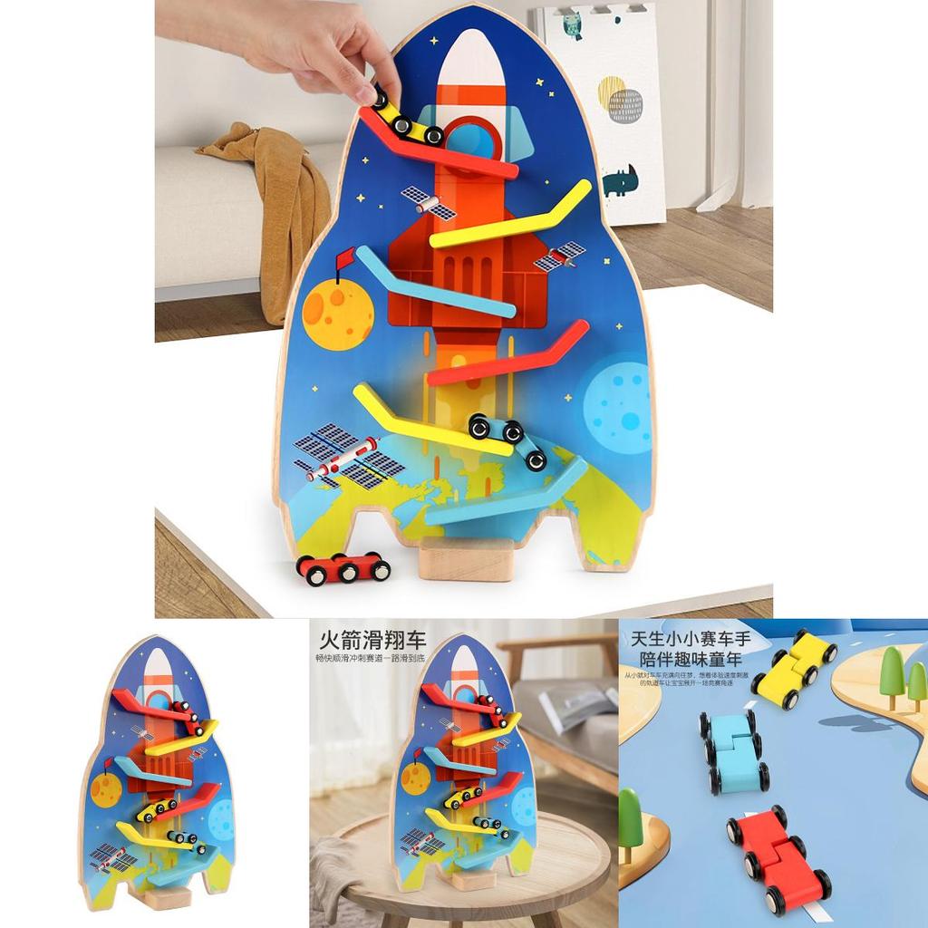 Wooden Rocket Track Toy With Inertia Mechanism For Kids Educational Play