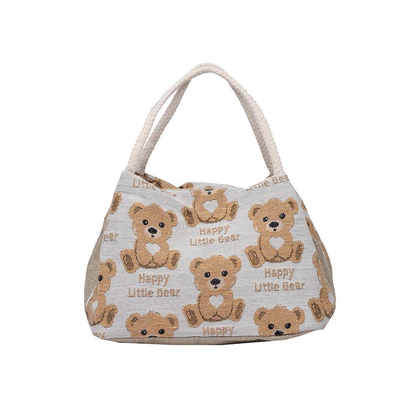 Linen Handbag Women New Cute Cartoon Bear Lunch Box Fresh Artistic Student Tutoring Bag