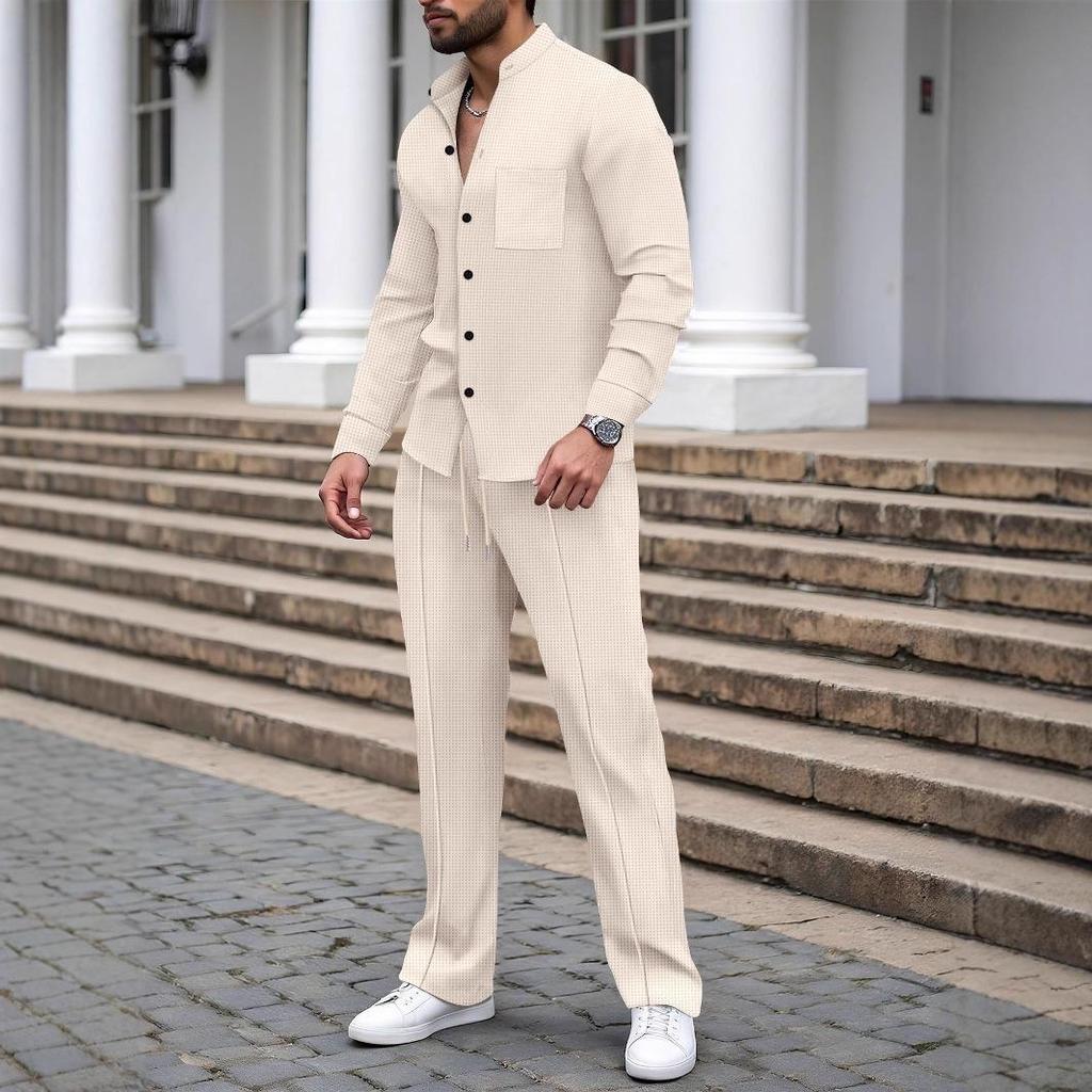 Men's European Autumn Waffle Knit Stand Collar Cardigan & Long Pants Set