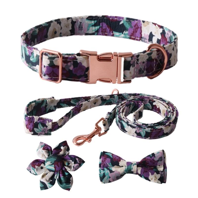 

Fashion Dog Collar+Leash+Necktie Set Completes with Colorful Floral Print Bow Perfect for Pets Outstanding in the Crowd 1.5 and 35CM