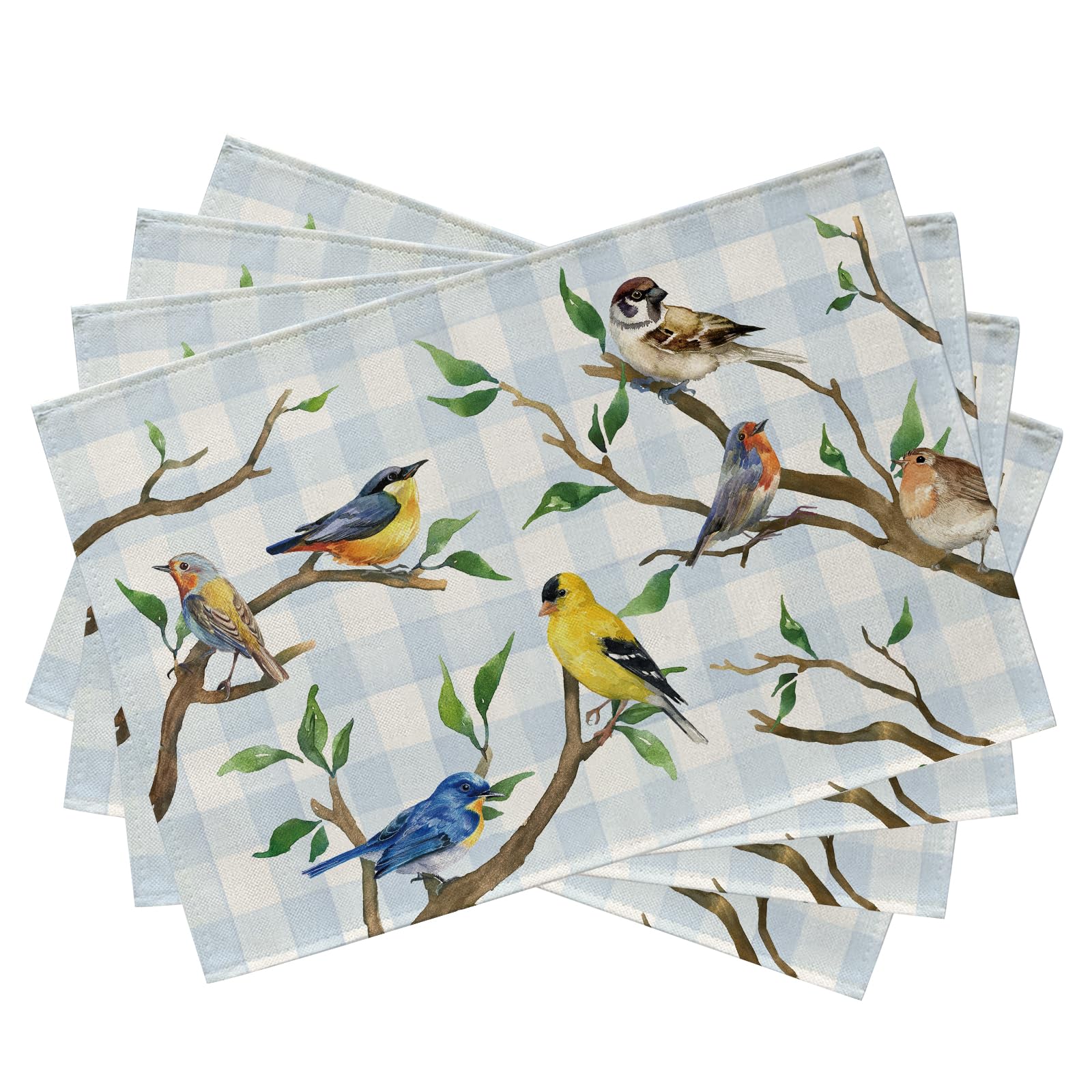 

Spring Summer Birds Placemats Set of 4, Chickadee Goldfinch Robin Bluebird Nuthatch Sparrow Branch Dining Table Place Mats, Blue Plaid Check Fa 4Pcs-12 X18