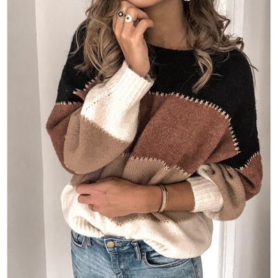 Women's Fall and Winter Casual Color Contrast Crew-neck Sweater