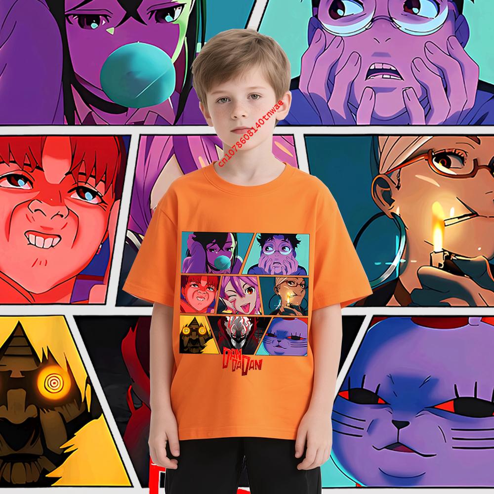 Cool Shonen Anime DandaDan kids Tshirt pure cotton shortsleeved cartoon casual tops for boys