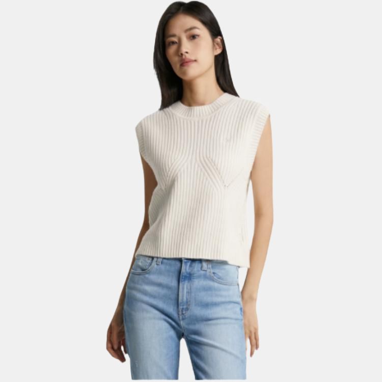 Calvin Klein Solid Color Asymmetrical Cut Sleeveless Knit Sweater Women Tops Cream J222846