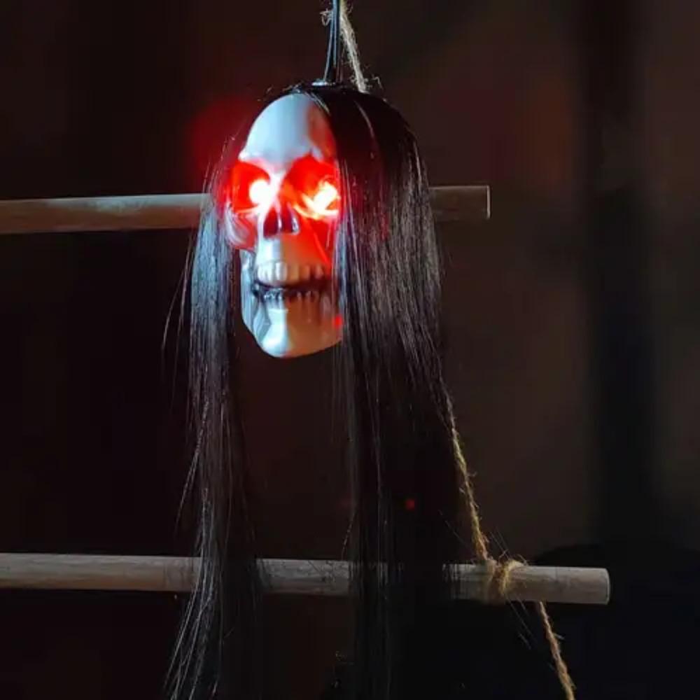 With Long Hair Halloween Hanging Ghost Skull Plastic Terror Skull Props   Scene Props