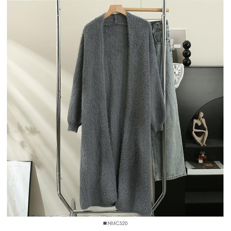Women's Long Knitted Cardigan Jacket Autumn Winter Loose Faux Mink Fleece Knit Sweater Coat Solid Fleece Open Front Cardigan Coat