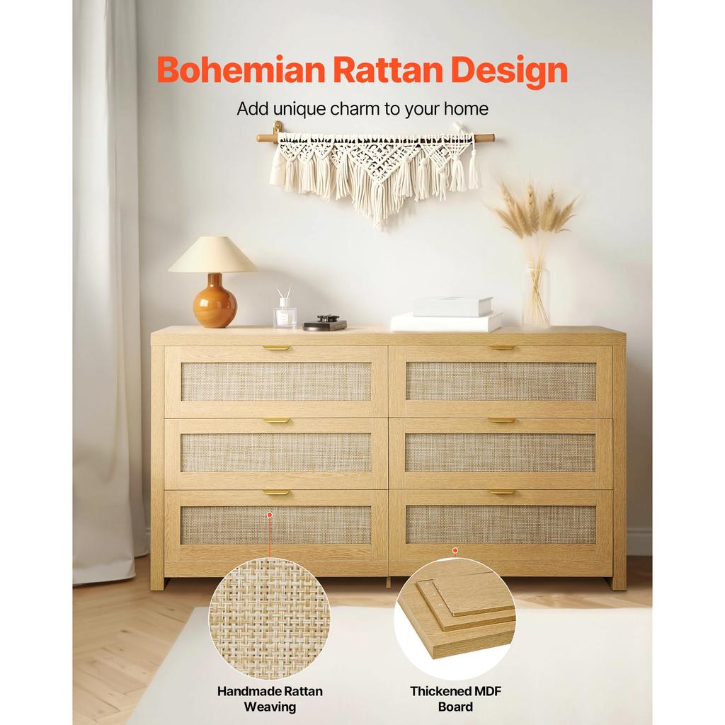 SucceBuy Rattan Dresser for Bedroom Natural Rattan Chest of Drawer with Metal Handle Modern Wood Clothing Organizer & Storage