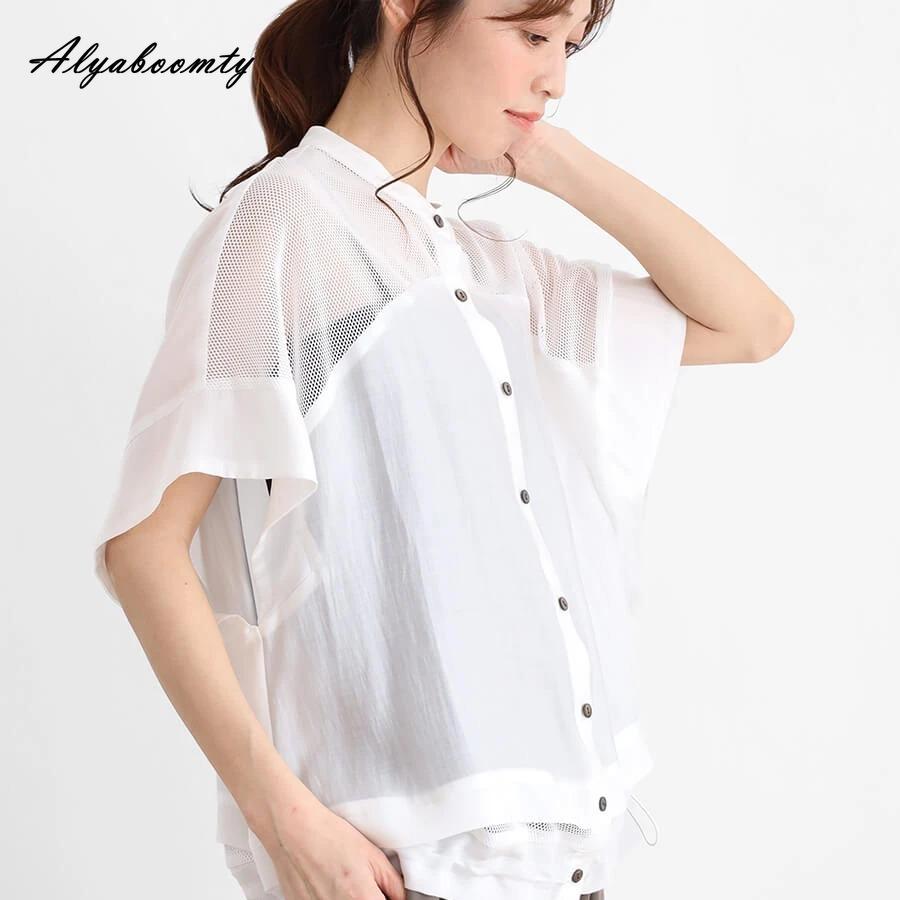 Korean Style Summer Women Basic Thin Cardigan O Neck Hollow Out White Black Green Casual Loose See Through Outerwear Batwing Sleeve Ladies' Shirt