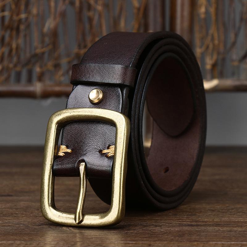 Men's Vintage Vegetable Tanned Leather Belt Brass Buckle Youth Belt Men's Casual All-Matching Trendy