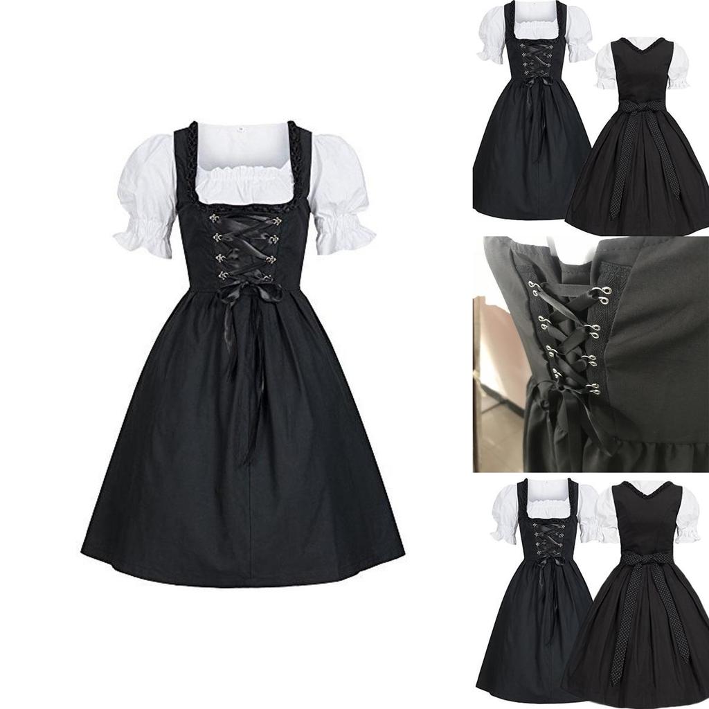 Vintage Bavarian Dirndl Costume With Elastic Waist And Bubble Sleeves For Festive Occasions